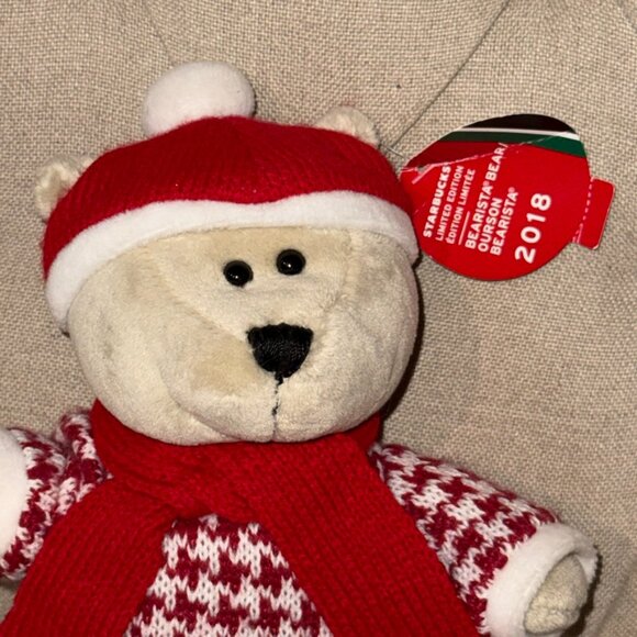 Starbucks 2018 Bearista Bear Plush Limited 146th Ed Red Hat Houndstooth Sweater - Picture 2 of 5